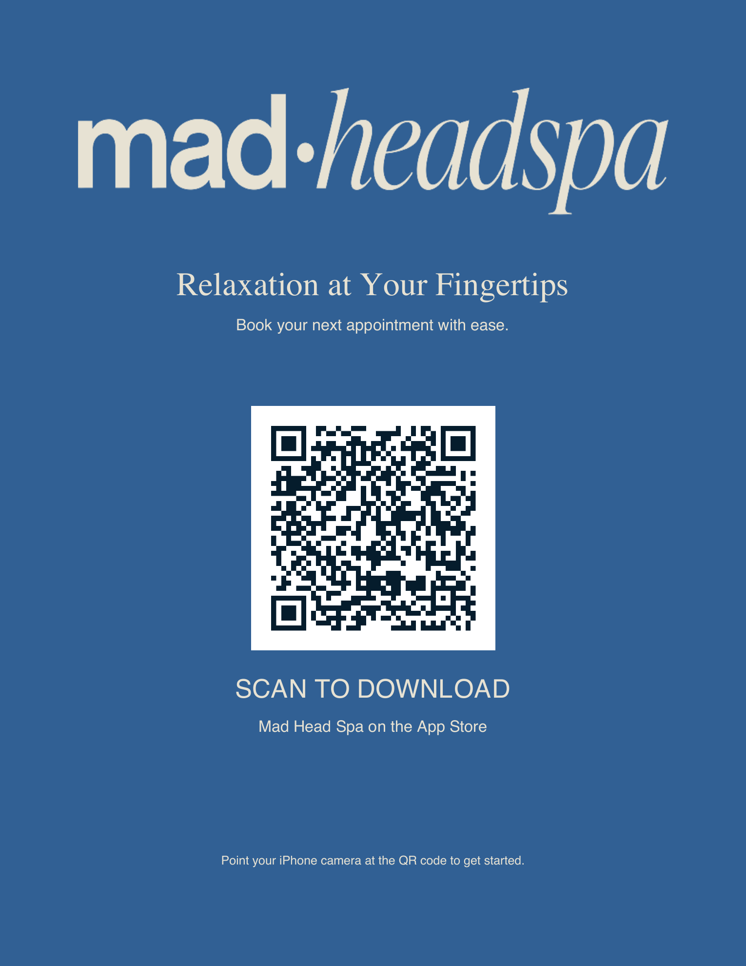 Mad Head Spa app poster with a QR code for downloading the app